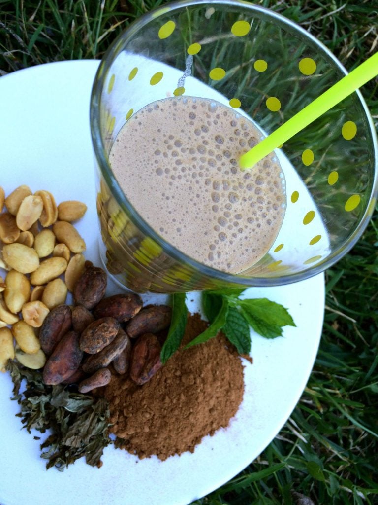 Чаша кафяво смути от Vegan Milker с жълта сламка, заобиколена от фъстъци, какаови зърна, какао на прах и мента.