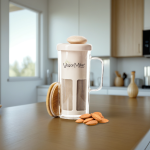 На плота до разпръснати бадеми стои VeganMilker® SOUL с цедка.