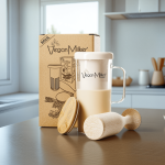 Комплект VeganMilker® SOUL със стъклен съд, дървен капак и пестик на кухненски плот, кутия на заден план.