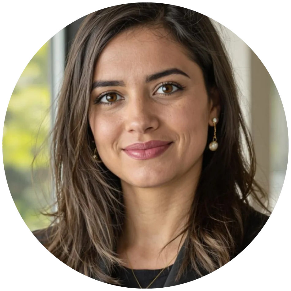 Жена със средно дълга кафява коса, с перлени обеци, се усмихва в добре осветена вътрешна обстановка на доилна машина Vegan.